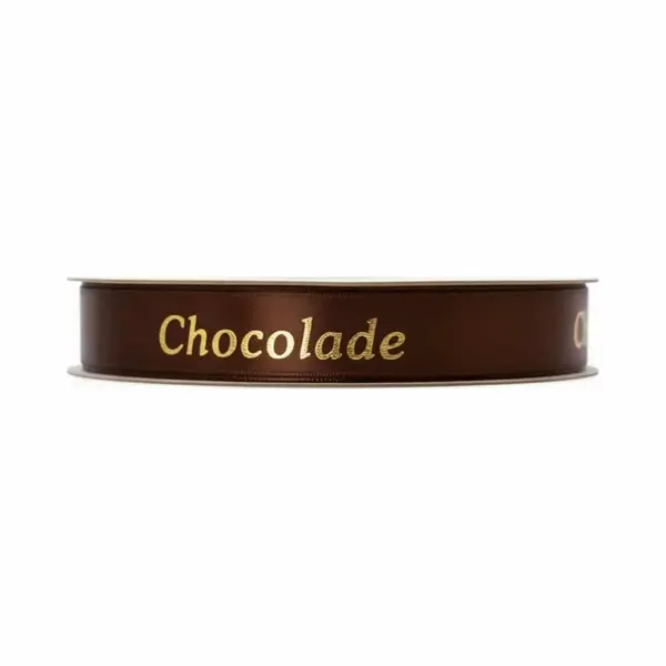 Satijn Lint – Opdruk “Chocolade”– Bruin – 15 Mm X 20 Meter – Satijnen Cadeaulint Op Rol thumbnail