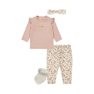 Dirkje - Basic Collection - Bio Cotton - Broek Met Bloemetjes Offwhite - Shirt Light Dusty Pink - Haarbandje - 1 Paar Noppies Sokjes - Maat 74