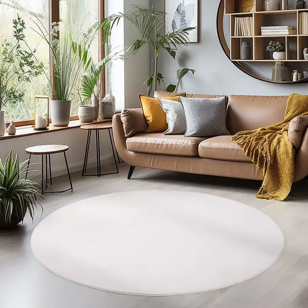 Muratap Sky Soft Uni Basic - Rond Vloerkleed - Laagpolig - Effen Kleur - Creme - Woonkamer Tapijt - Anti-Slip Rug- 200 Cm Rond thumbnail