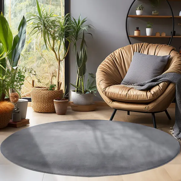 Muratap Sky Soft Uni Basic - Rond Vloerkleed - Laagpolig - Effen Kleur - Grijs - Woonkamer Tapijt - Anti-Slip Rug- 120 Cm Rond thumbnail