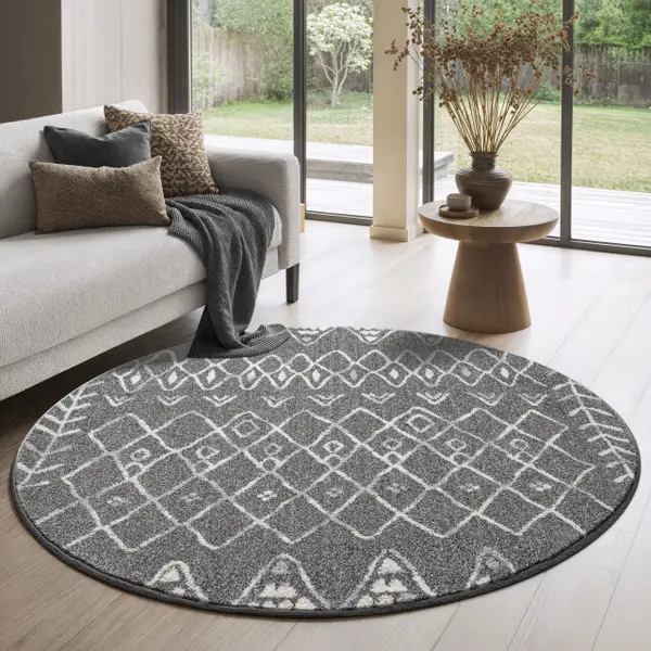 Muratap Rond Boho Vintage | Laagpolig Vloerkleed | Modern Tapijt | Woonkamer, Slaapkamer | Grijs- 200 Cm Rond thumbnail