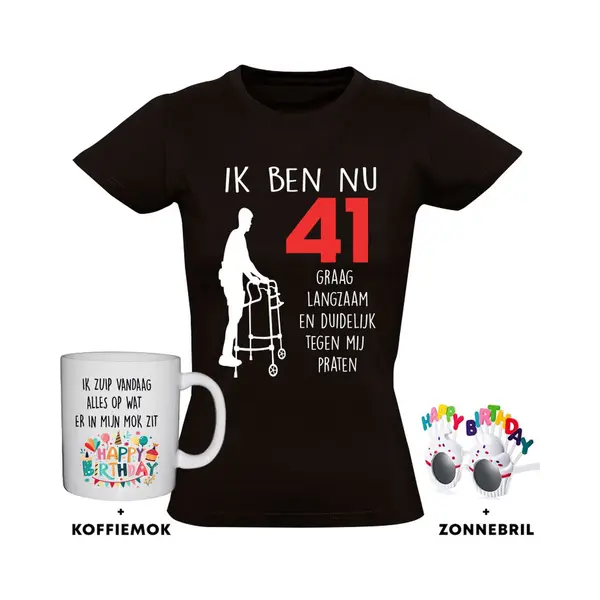 Sol's 41 Jaar Dames T-shirt + Koffiemok + Happy Birthday Bril - 41e Verjaardag - Feest - Grappig - Verjaardag - Cadeau thumbnail
