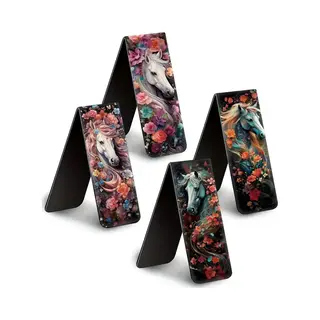 Viwado® | Set Van 4 Magnetische Bladwijzers / Boekenlegger - Romantisch Paard & Bloem - Waterdicht & Duurzaam