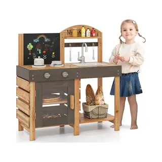 Costway Modderkeuken Voor Kinderen, Outdoor, Kinderkeuken, Hout Met Tafel, Fornuizen En Gootsteen, Speelkeuken Met Kraan En Oven, Outdoorkeuken Incl.