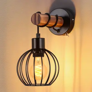 Nettlife Wandlamp - Hout - E27 Fitting - Zwart - 14.5CM - Vintage Wandverlichting - Met Schakelaar - Industriële Wandspot - Metaal - Voor Woonkamer |