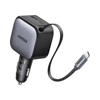 Ugreen 2-Port Fast Charger 90W- Retractable Cable, Auto-adapter, Grijs