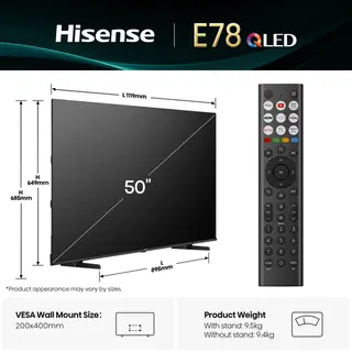 Hisense 50" E78QTUK Qled Smart Ai Tv with Freely