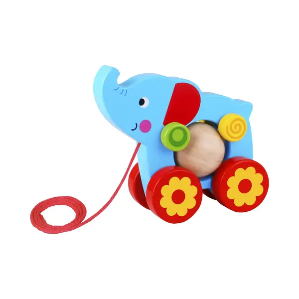 Tooky Toy Olifant Trekfiguur - Houten Speelgoed - Vanaf 18 Maanden - Blauw/rood thumbnail