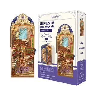 Tonecheer Book Nook Kit With Dust Cover And Led Light, Magical Library Booknook Diy Miniature House 3D Wooden Puzzle, Movable And Rotating Parts,