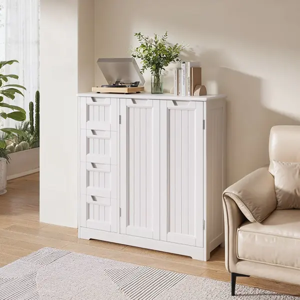 Badezimmerschrank Feuchtigkeitsdicht Moderner Niederschrank 80 Cm Mit 2 Türen 4 Schubladen Verstellbaren Ablagen Weiß 81x30x83 Cm - Bealife thumbnail