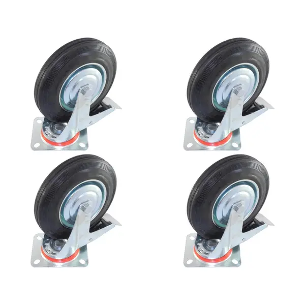 Benson Set Van 4 Zwenkwielen Transportwielen Met Rem 200mm | 200/50-100 | Stalen Velg | Rubberen Band | Draagvermogen 205kg | Bevestigingsplaat 133x106mm | thumbnail