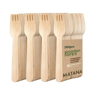 Matana - Houten Wegwerp Vorkjes - 200 Stuks - Composteerbaar & Biologisch Afbreekbaar