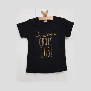Shirt Ik Word Grote Zus | Korte Mouw | Zwart Met Goud | Maat 92 Zwangerschap Aankondiging Bekendmaking Big Sis Sister