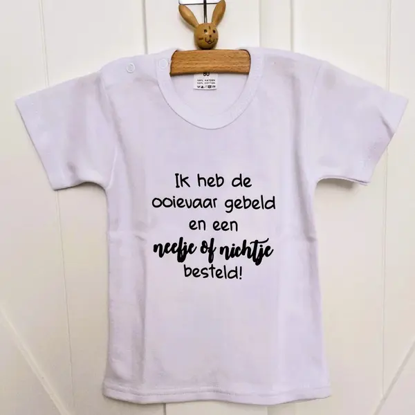 Shirt Ik Heb De Ooievaar Gebeld En Een Nichtje Of Neefje Besteld | Kort Mouw | Wit| Maat 56 Zwangerschap Aankondiging Bekendmaking Baby thumbnail