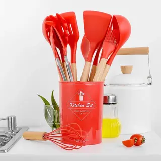 Kookgerei Set Met Houder 11-delig - Keukengerei Siliconen Set Rood Met Hout - Kitchenset - Keukengerei