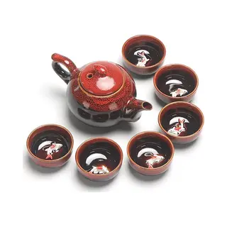 Chinese Thee Set Gong Fu - Theepot Met 6 Kleine Kopjes - Koi Karpers Design - Rood