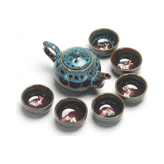 Chinese Kung Fu Theeset Keramiek - Theepot Met 6 Mini Kopjes - Koi Karper Design - Blauw