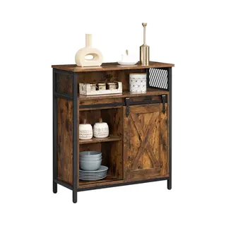 Mazazu Opbergkast Met Schuifdeur – Industrieel Kastje 70x30x80 Cm – Bruin/Zwart – Hout & Metaal – Wandkast Met Open En Gesloten Planken