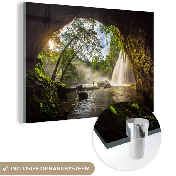 MuchoWow® Glasschilderij 180x120 Cm - Schilderij Acrylglas - Doorkijk Waterval Grot - Bomen - Buiten - Foto Op Glas - Schilderijen thumbnail