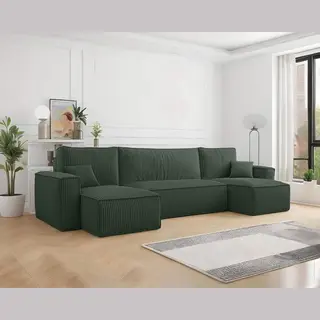 Beddenbriljant U-bank Frenkie - Ribstof - Groen - Slaapbank Met Opbergruimte - Lounge Links én Rechts - Direct Leverbaar - U-zetel - Chaise Longue - Zetel Met