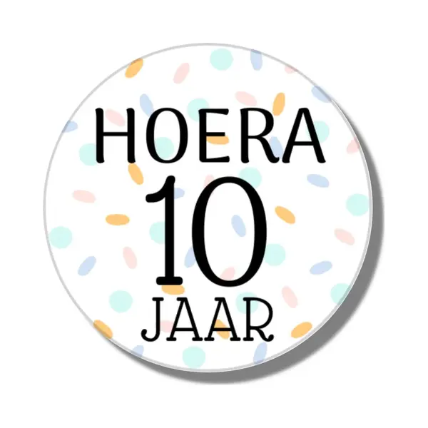 Traktatiestickers Hoera 10 Jaar - Stickervel - Cadeausticker - Wensetiket - Rond 40 Mm - Sluitsticker - 20 Stuks - Wit Pastel Groen Geel Roze Groen thumbnail