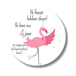 20 X Stickers - 4 Jaar - Basisschool - Flamingo - Rond - Glossy - Afscheid Peuterspeelzaal - Kinderopvang - Uitdelen - Traktatiestickers