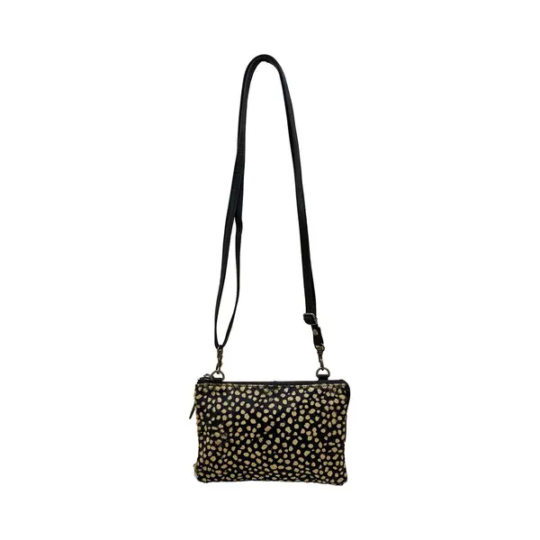 Arrigo Leren Crossbody Tasje Zwart - Vacht Met Cheeta Print – Schoudertasje Leer Met Dierenprint – Maat S thumbnail