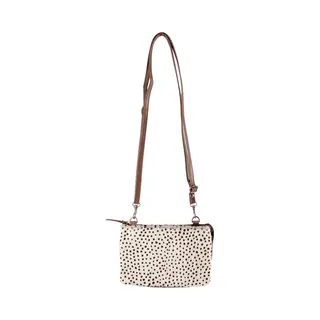 Arrigo Leren Crossbody Tasje Lichtbruin - Vacht Met Witte Cheeta Print – Schoudertasje Leer Met Dierenprint – Maat S