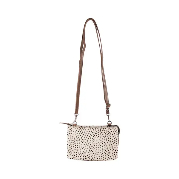 Arrigo Leren Crossbody Tasje Lichtbruin - Vacht Met Witte Cheeta Print – Schoudertasje Leer Met Dierenprint – Maat S thumbnail