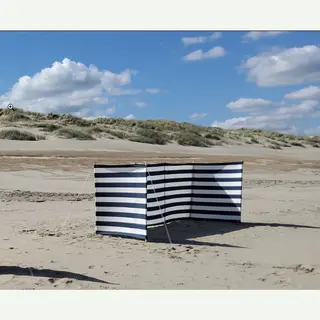 Pino-Sol Topper!! Strand Windscherm - Marine Blauw - Wit - 5 Meter Sterk Dralon - 2 Delige Houten Stokken 180 Cm - Doekhoogte 140 Cm - TuinScherm -