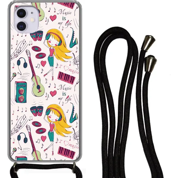 Telefoonhoesje Geschikt Voor IPhone 12 Mini - Meiden - Muziek - Koptelefoon - Patronen - Girl - Roze - Kinderen - Kind - Siliconen - Crossbody - thumbnail