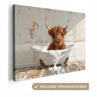 OneMillionCanvasses Canvas Schilderij 40x30 Cm - Wanddecoratie Badkamer Schotse Hooglander - Badkuip - Vintage - Koe - Muurdecoratie Wc - Decoratieve Accessoires - Toilet