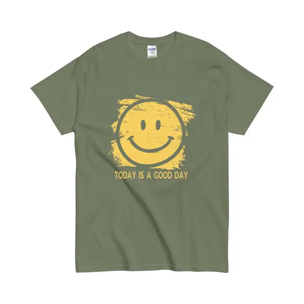 Gildan Happy Day T-shirt Met Smiley - Positieve Boodschap - Dames Heren - Katoen - Khaki Groen – L thumbnail