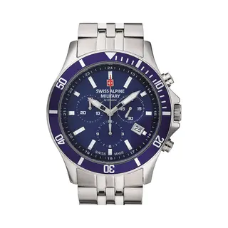 Swiss Alpine Military Men's Watch Chronograph Analogue Quartz 7022.9 Stainless Steel, Steel/Steel/Blue - 9135sam, Bracelet