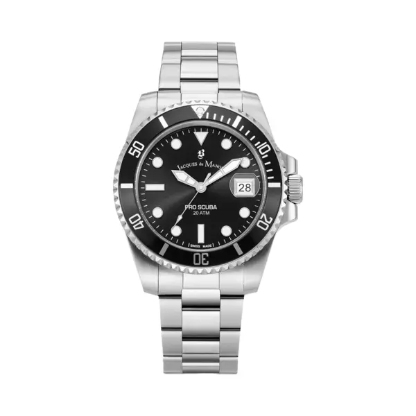 B Jacques Du Manoir Jacques Du Manoir Pro Scuba, Herren Taucheruhr, Quarz Analog, Edelstahl, 43mm, Edelstahlarmband, Silber, 20 Bar, Zifferblattfarbe, Schwarz, thumbnail