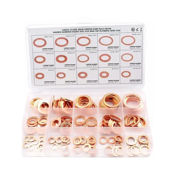 150 Stuks - Koperring - Pakking - Sluitringen - Pakking Assortiment Kit - Met Assortimentsbox - M5, M6, M8, M10, M12, M14, M16, M18, M20, M22 - Platte thumbnail
