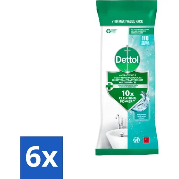 Dettol - Antibacteriële Multi-reinigingsdoekjes - Ocean - Biologisch Afbreekbaar - 110 Stuks Per Verpakking - Voordeelverpakking - 6 Stuks thumbnail