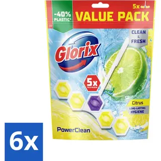 Glorix - Power Clean - Toiletblok - Citrus - Hersluitbare Verpakking - 5 Blokken - Voordeelverpakking - 6 Stuks
