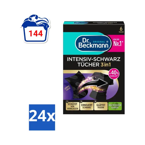 Dr. Beckmann - Kleurverzorging - Intensive Black 2 In 1 - Donkere Was - 6 Doekjes - Voordeelverpakking - 24 Stuks thumbnail