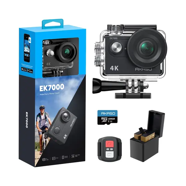 Akaso EK7000 Action Camera 4K – Waterdicht 30m – Afstandsbediening – 4× Zoom – WiFi – Onderwatercamera Met 128GB Sd-kaart & Accessoireset thumbnail
