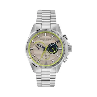 Aston Martin Herren Armbanduhr Aml Thrill Chronograph Silber Mit Edelstahlarmband, Quarzuhrwerk, Mineral Glas, 10 Bar, Gehäusedurchmesser, 44 Mm, 10