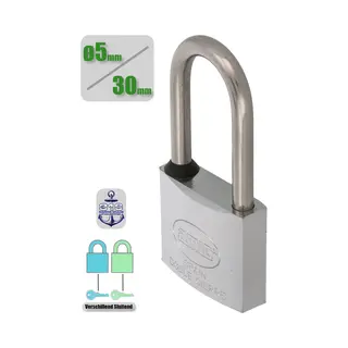 Amig Hangslot Met Sleutel Ø5 / 30x65mm – 100% Roestvrij - Geweldig Voor Buiten – Marine Kwaliteit - Messing Verchromt + Rvs Aisi 316 – 1 Stuk