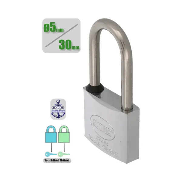 Amig Hangslot Met Sleutel Ø5 / 30x65mm – 100% Roestvrij - Geweldig Voor Buiten – Marine Kwaliteit - Messing Verchromt + Rvs Aisi 316 – 1 Stuk thumbnail