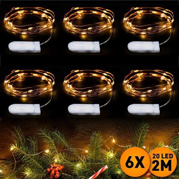 Emos Select Kerstverlichting Op Batterij, 6 Stuks, 2 Meter 20 LEDs, Warm Wit, Lichtsnoer Type Nano Koperdraad, Kerstboomverlichting, Inclusief CR2032 Batterijen, thumbnail