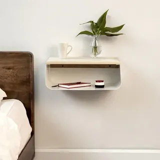 Ultimate Premium Product Industrieel Zwevend Nachtkastje - Moderne Wandplank - Houten Nachttafel Met Wit Metalen Frame - Minimalistisch En Ruimtebesparend Design