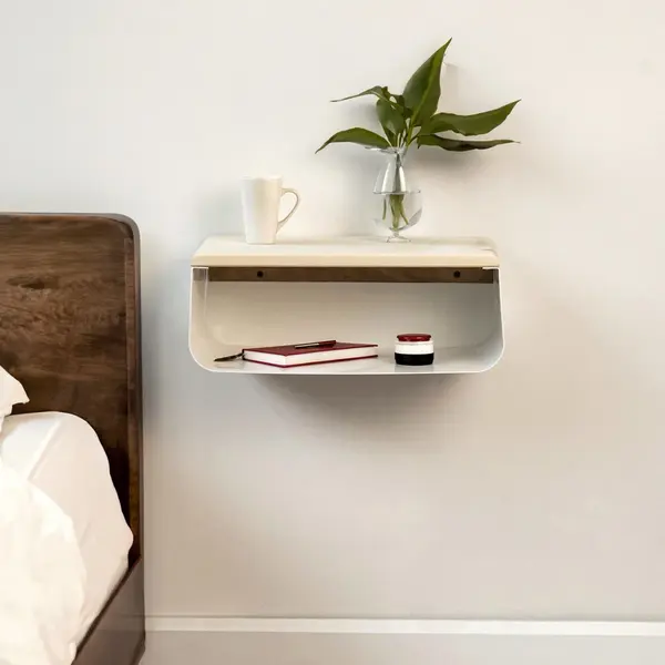 Ultimate Premium Product Industrieel Zwevend Nachtkastje - Moderne Wandplank - Houten Nachttafel Met Wit Metalen Frame - Minimalistisch En Ruimtebesparend Design thumbnail