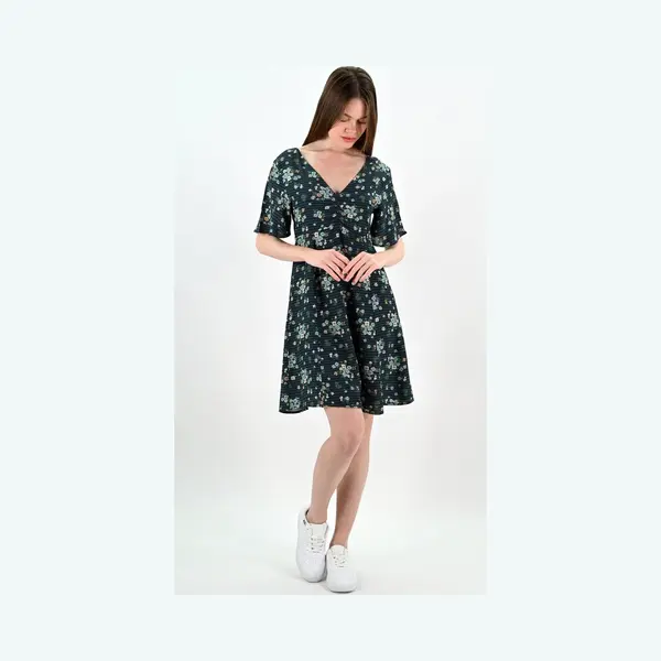 YesMooi - Mini Jurk Met Bloemenprint - V-hals En Open Rug - S (36) - Donkergroen | Blauw | Oranje thumbnail