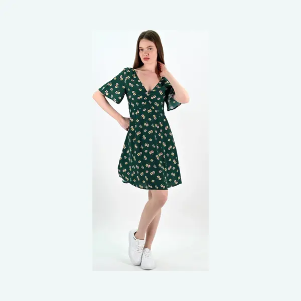 YesMooi - Mini Jurk Met Bloemenprint - V-hals En Open Rug - Xl (42) - Donkergroen | Wit | Lichtroze | Geel thumbnail