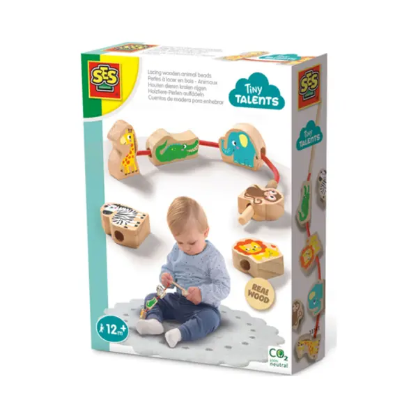 Ses Creative Tiny Talents - Houten dierenkralen rijgen - Montessori - veilig rijgkoord met hout - makkelijk voor de kleine handjes - Speelgoed 1 jaar thumbnail