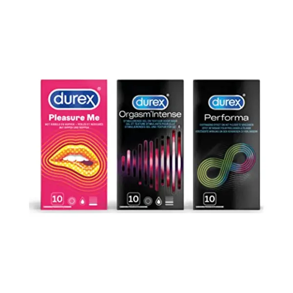 Durex - 30 Condooms - Pleasure Me 1 X 10 Stuks - Orgasm Intense 1 X 10 Stuks - Performa 1 X 10 Stuks - Voordeelverpakking thumbnail